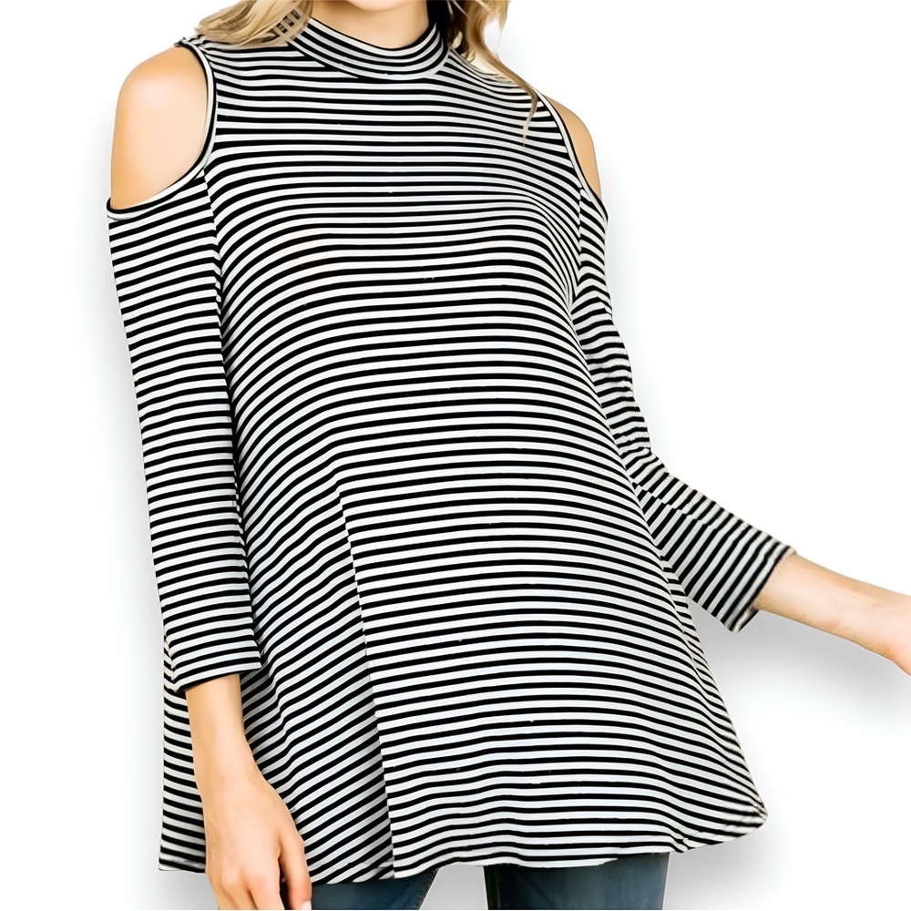 MISIA Black + White Stripe Cold Shoulder Soft Lightweight Tee Tunic Top T-shirt